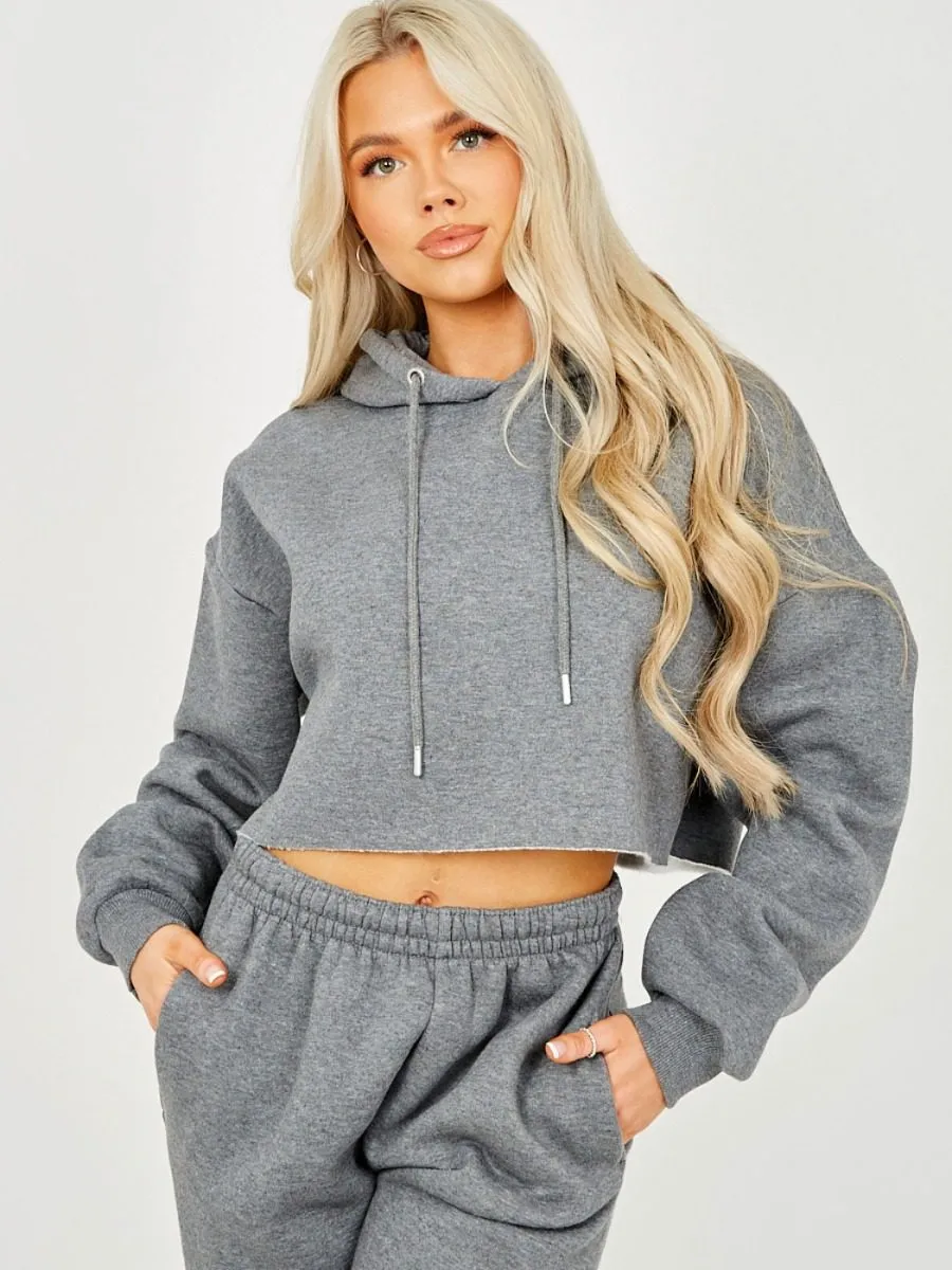Abbi Raw Hem Cropped Hoodie & Jogger Fleece Co-ord In Charcoal