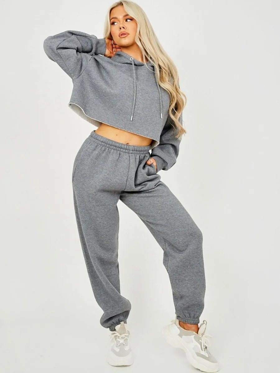 Abbi Raw Hem Cropped Hoodie & Jogger Fleece Co-ord In Charcoal