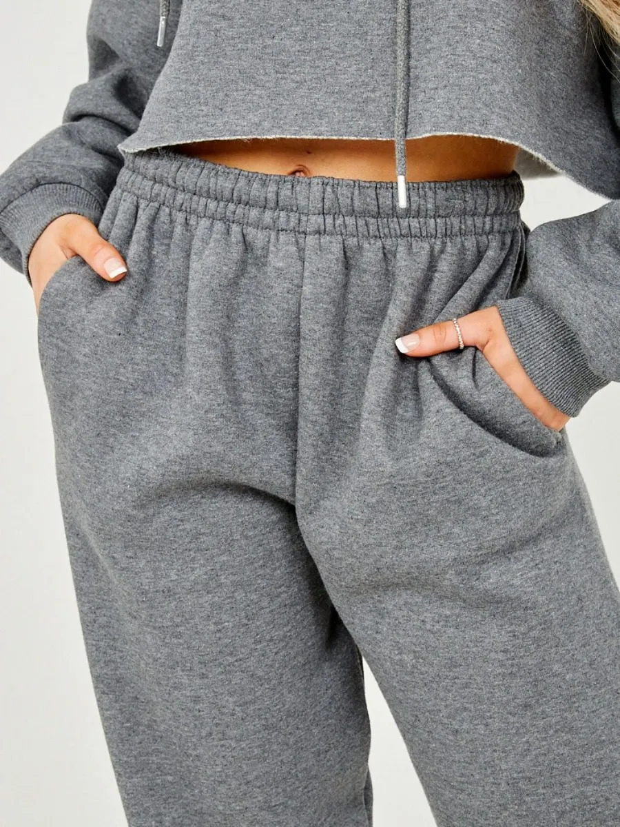 Abbi Raw Hem Cropped Hoodie & Jogger Fleece Co-ord In Charcoal