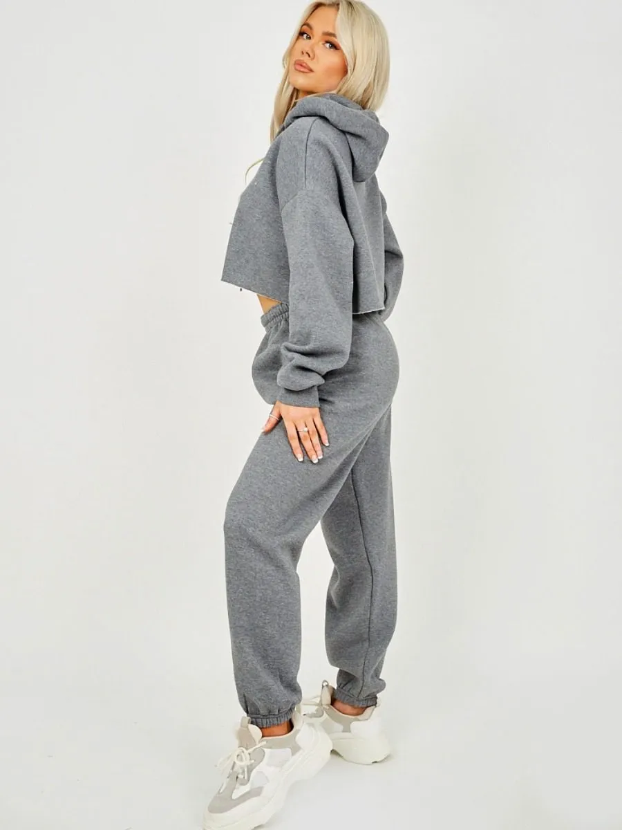 Abbi Raw Hem Cropped Hoodie & Jogger Fleece Co-ord In Charcoal