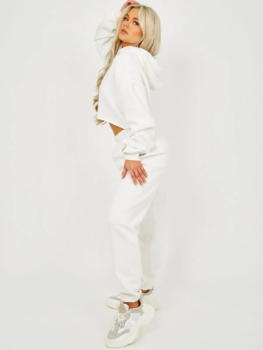 Abbi Raw Hem Cropped Hoodie & Jogger Fleece Co-ord In Cream
