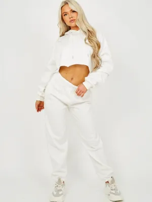Abbi Raw Hem Cropped Hoodie & Jogger Fleece Co-ord In Cream