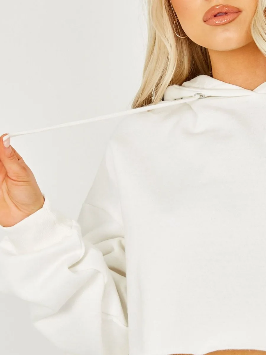 Abbi Raw Hem Cropped Hoodie & Jogger Fleece Co-ord In Cream
