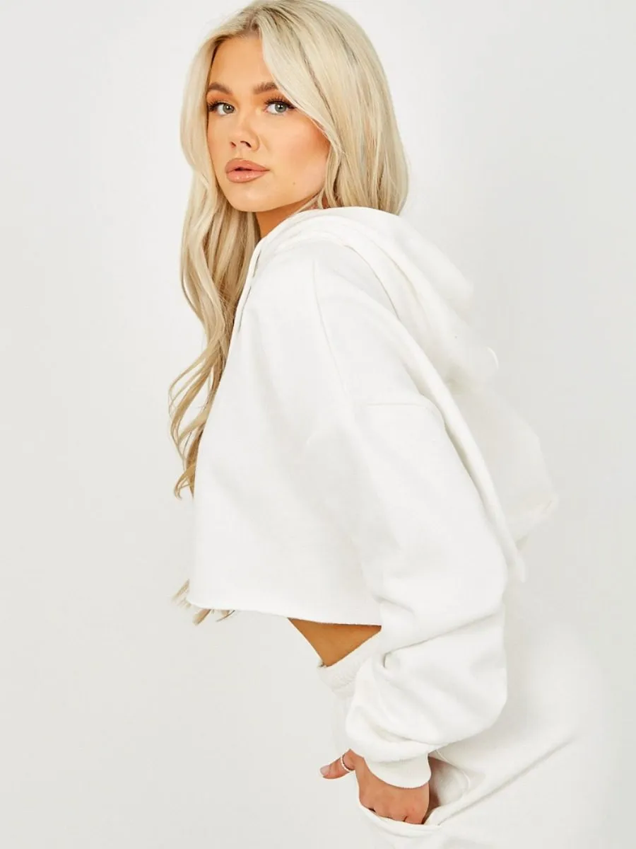 Abbi Raw Hem Cropped Hoodie & Jogger Fleece Co-ord In Cream