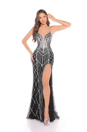 Amarra 88375 Size 10 Black Silver Fitted Crystal Sparkle Prom Dress Pageant Gown Formal Low Back Slit Evening