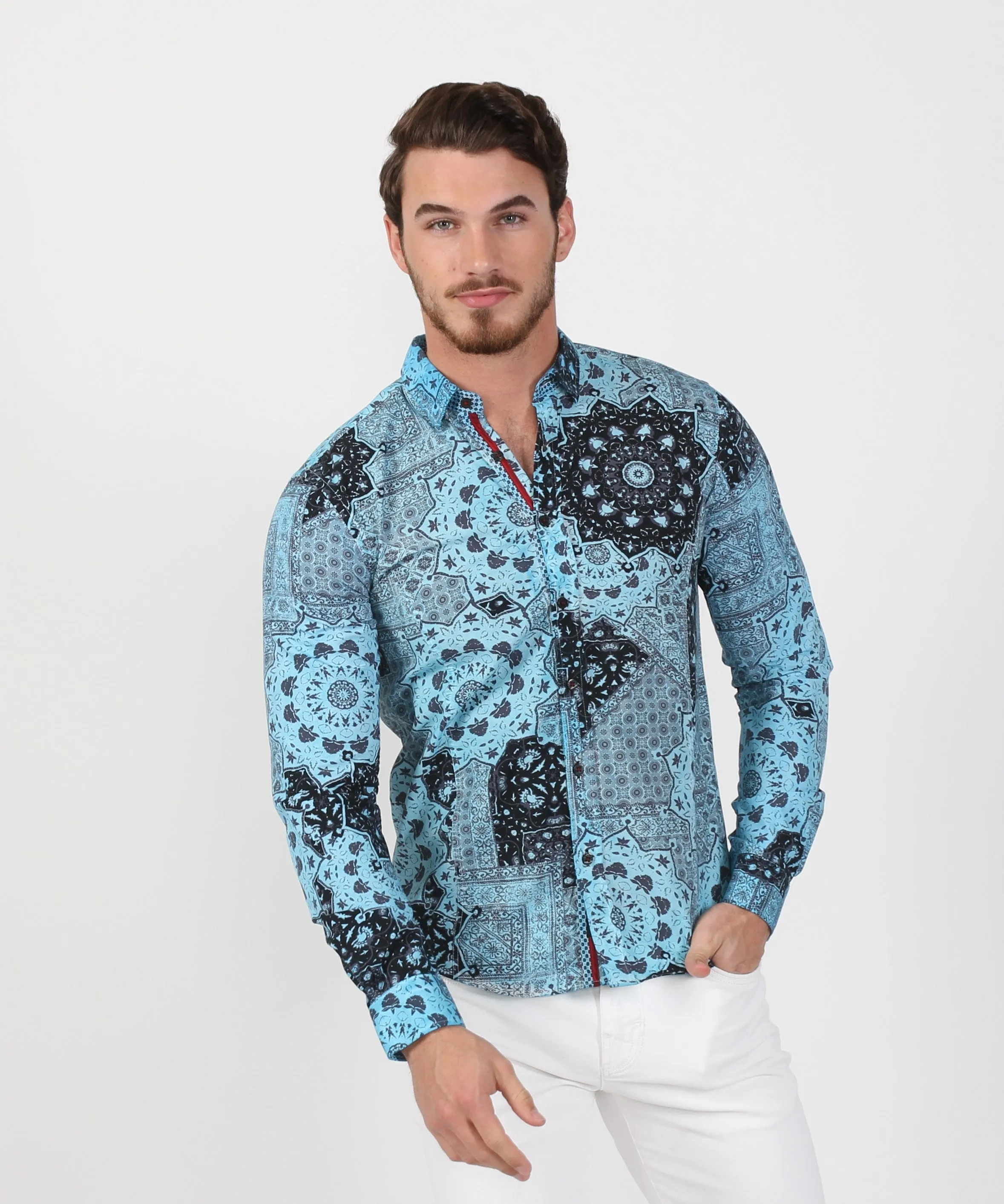 Aqua Button Down Wheel Shirt W/ Red Trim
