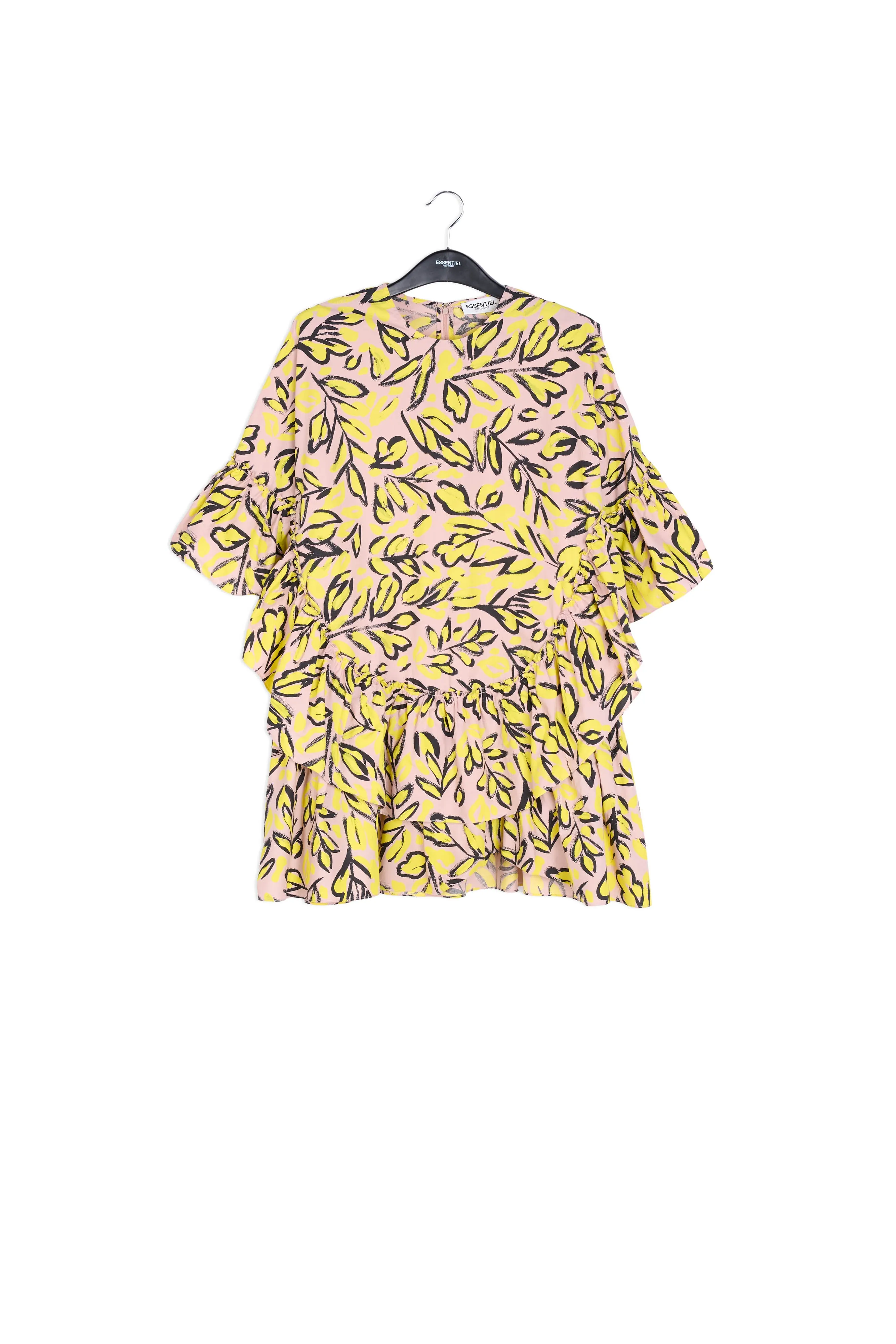 Beige ruffled cotton dress with floral print