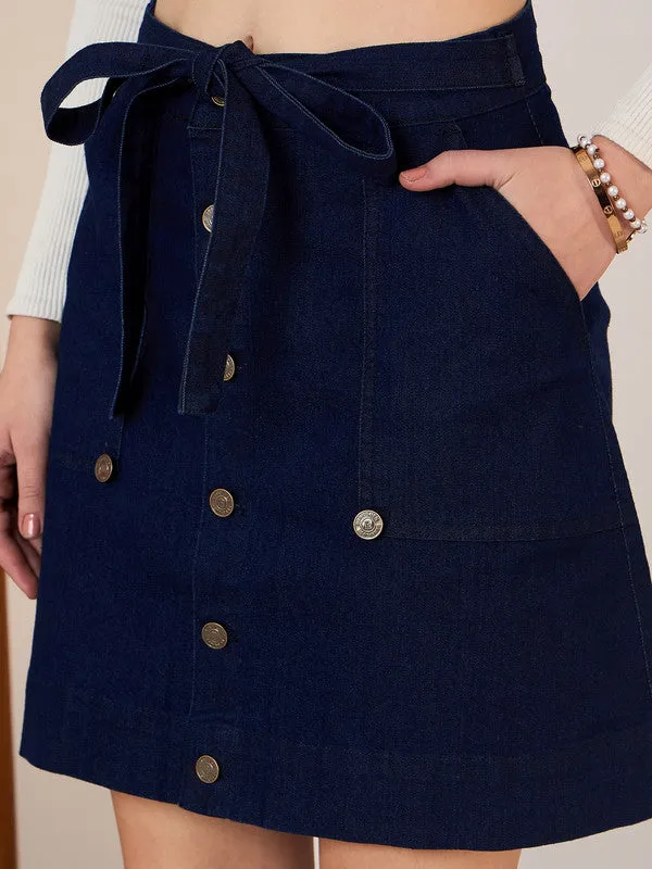 Berrylush Women Solid Navy Blue High-Rise Waist Denim Front Tie-Up Button-Up Straight Hem Flared A-Line Mini Skirt
