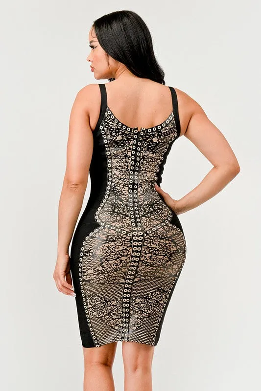 Black & Beige Aztec Print Bandage Dress
