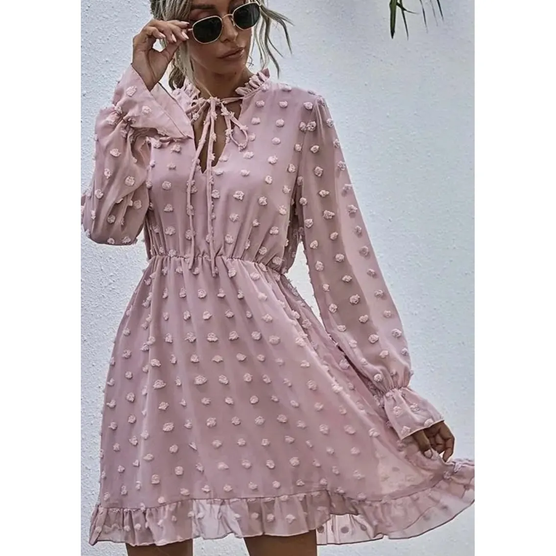 Blush Swiss Dot Long Sleeve Dress