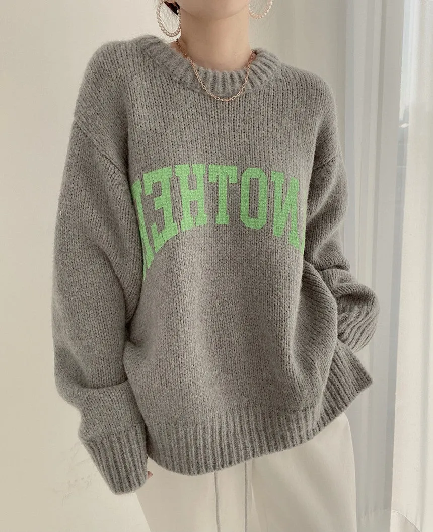 Candy Color Round Neck Letter Printed Pullover Knitted Sweater