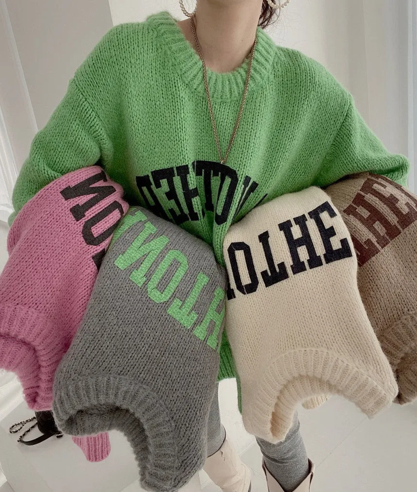Candy Color Round Neck Letter Printed Pullover Knitted Sweater