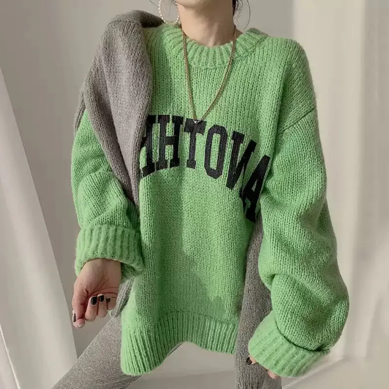 Candy Color Round Neck Letter Printed Pullover Knitted Sweater