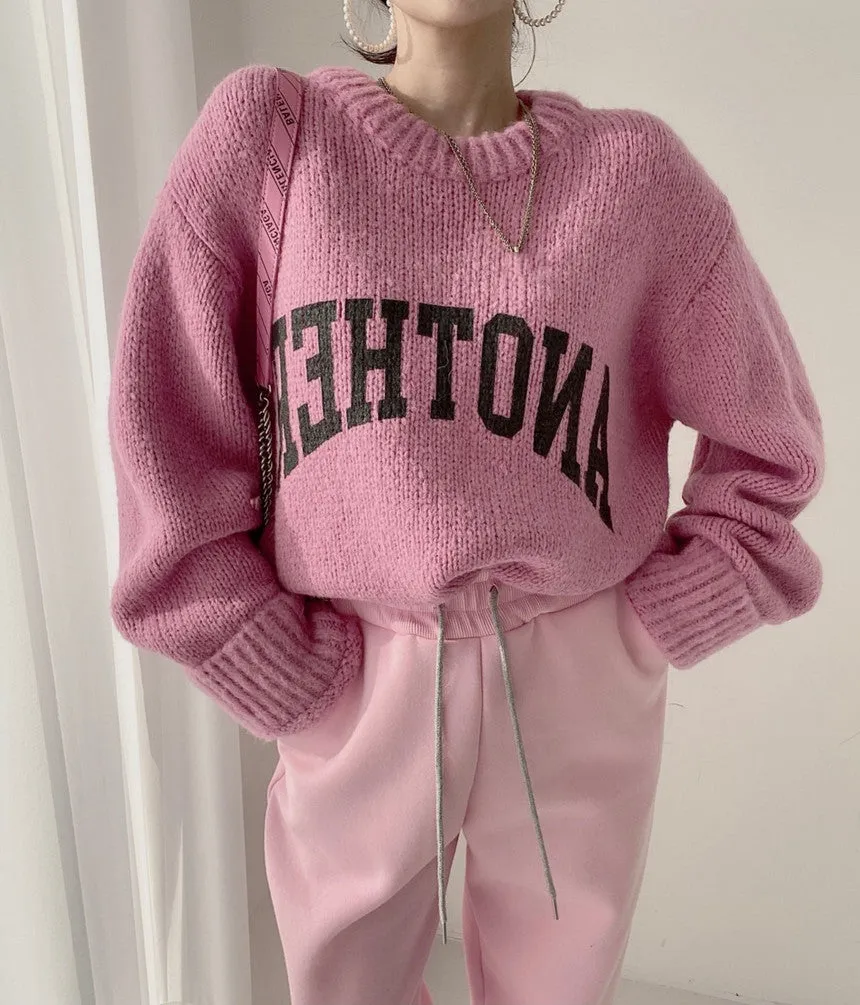 Candy Color Round Neck Letter Printed Pullover Knitted Sweater