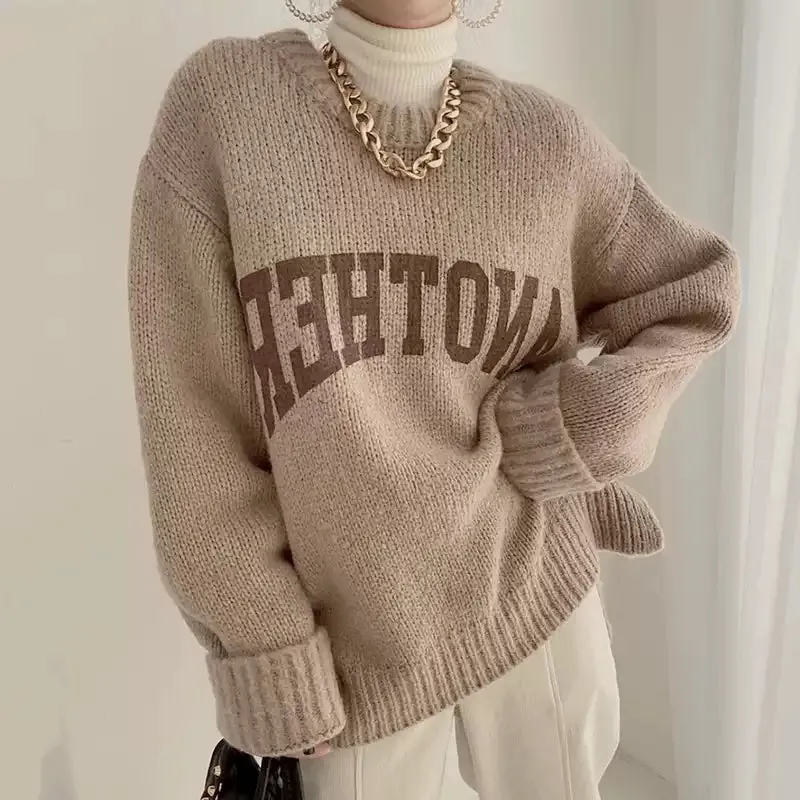 Candy Color Round Neck Letter Printed Pullover Knitted Sweater