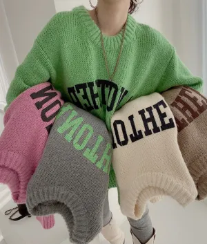 Candy Color Round Neck Letter Printed Pullover Knitted Sweater
