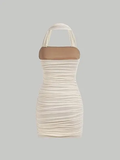 Casual Sleeveless Halter Pencil Bodycon Mini Dress - Cream