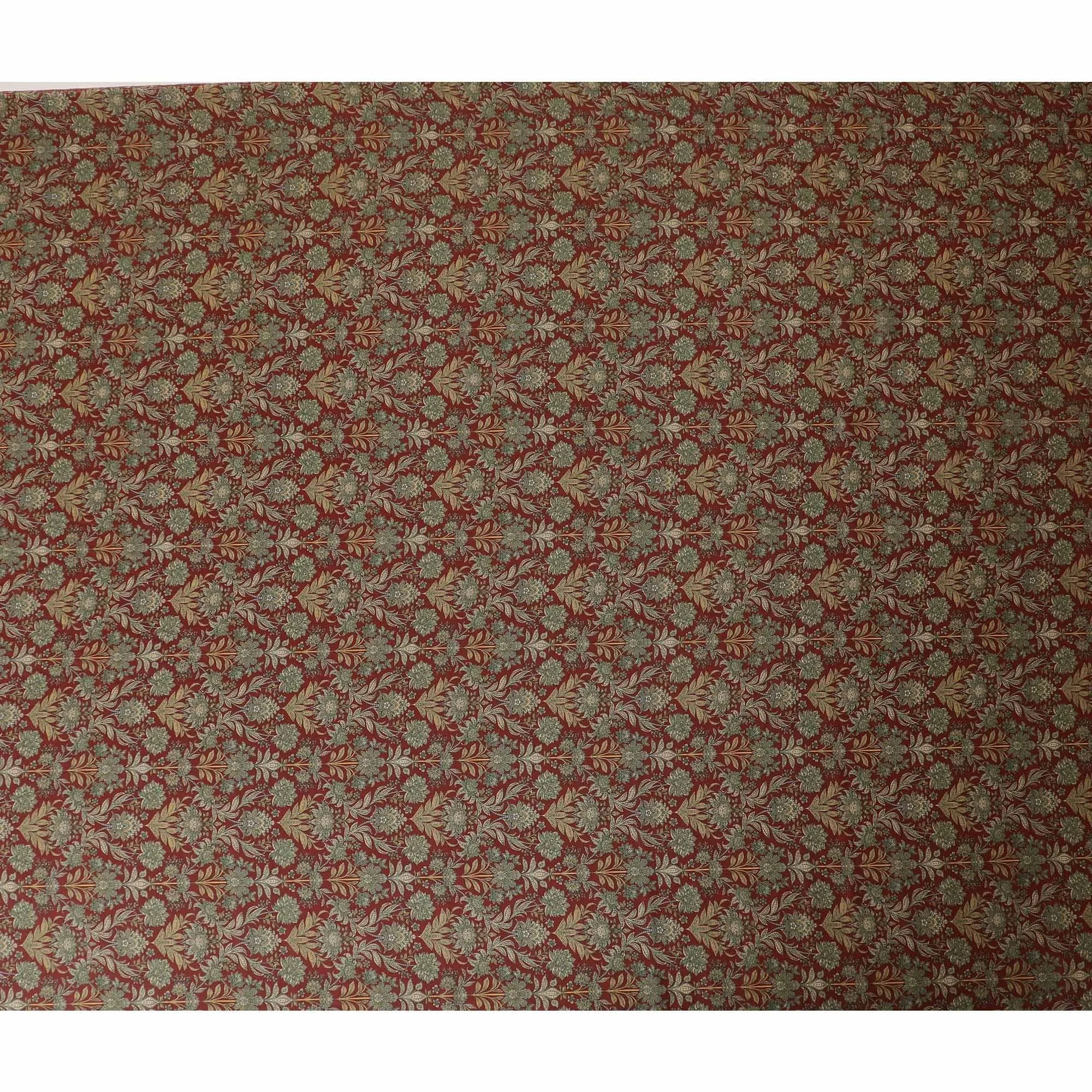 Chestnut brown synthetic modal satin fabric with olive green and beige print in floral design-D9102