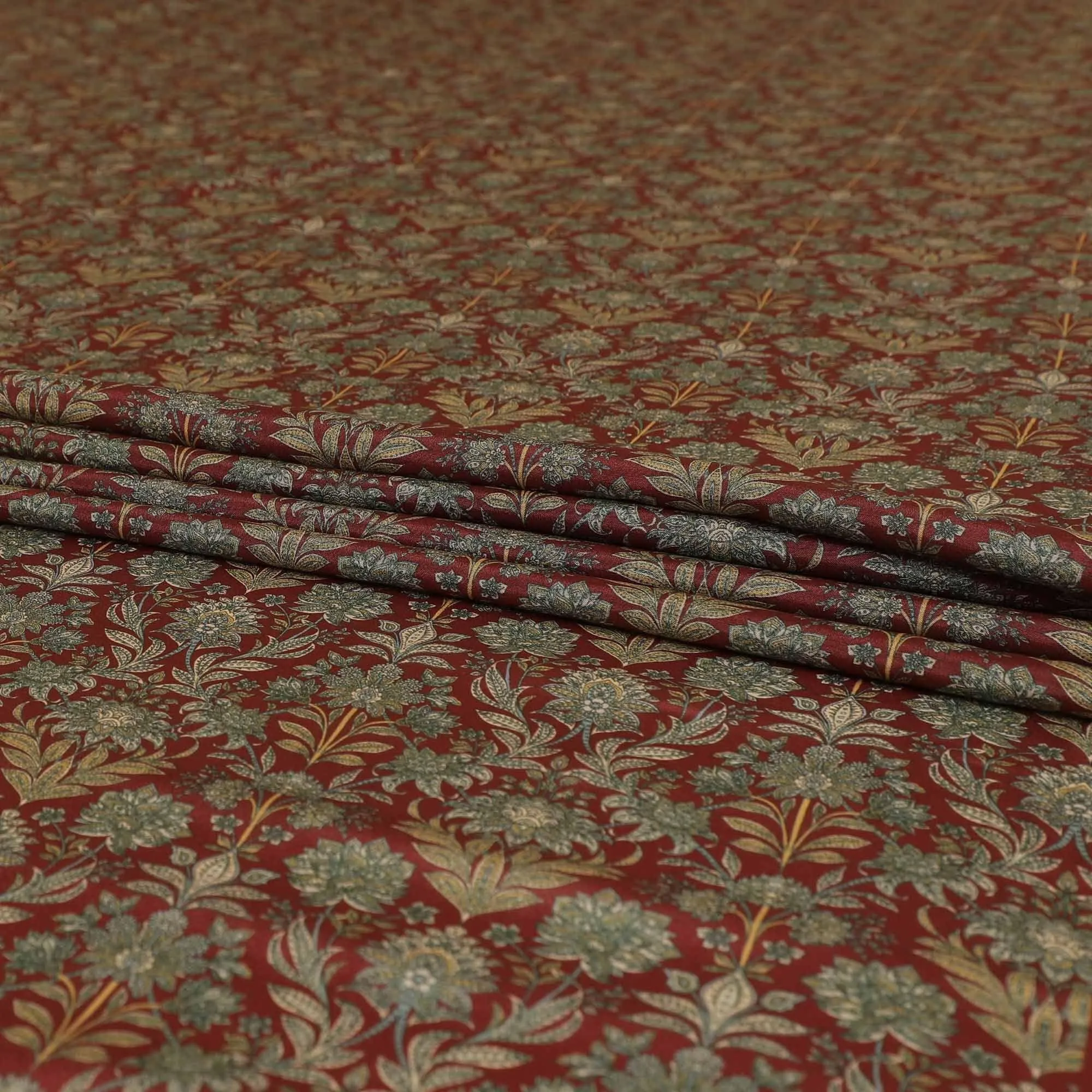 Chestnut brown synthetic modal satin fabric with olive green and beige print in floral design-D9102