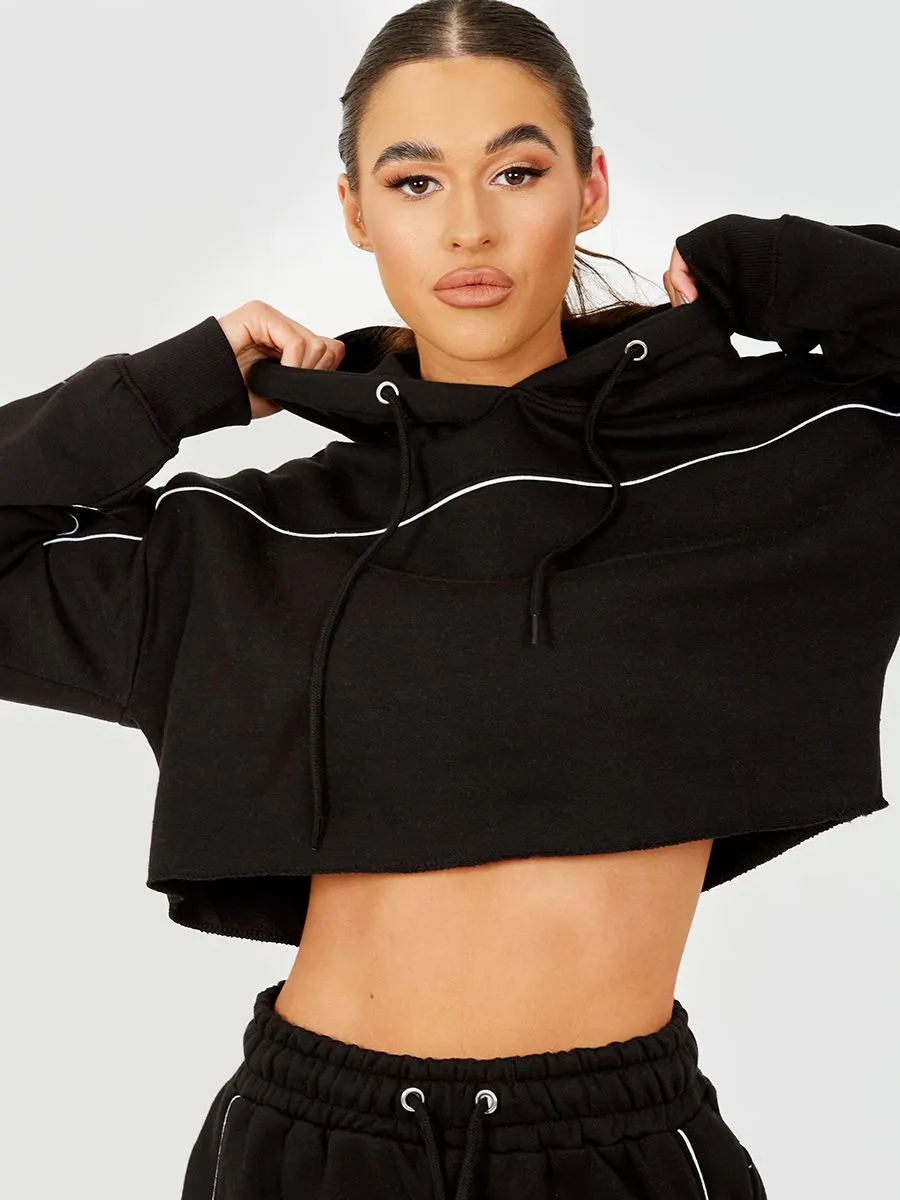 Dara Piping Detail Cropped Hoodie & Jogger Co-ord In Black