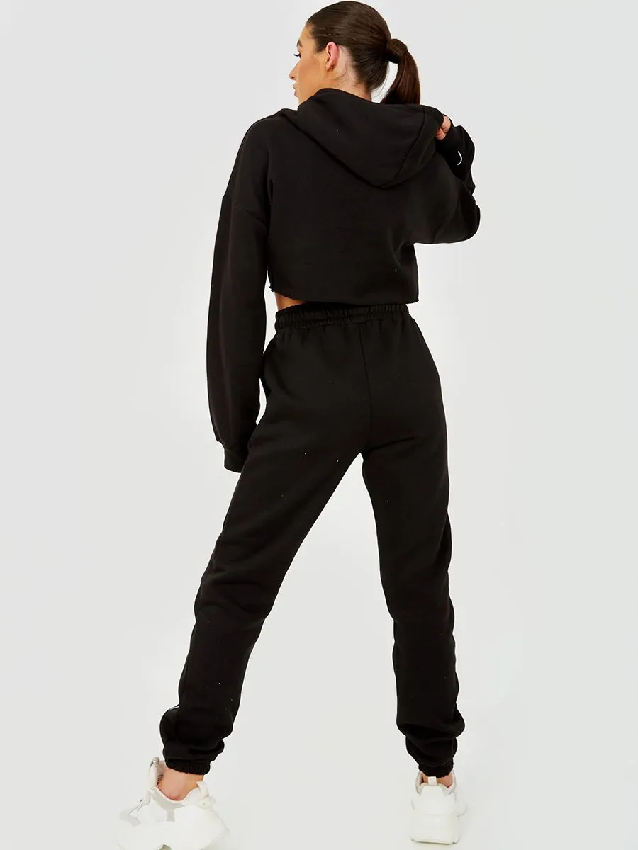 Dara Piping Detail Cropped Hoodie & Jogger Co-ord In Black