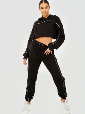 Dara Piping Detail Cropped Hoodie & Jogger Co-ord In Black