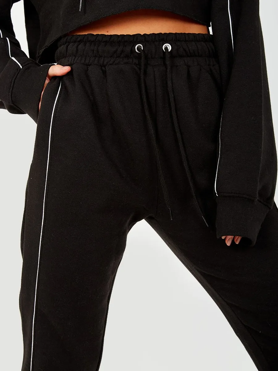 Dara Piping Detail Cropped Hoodie & Jogger Co-ord In Black