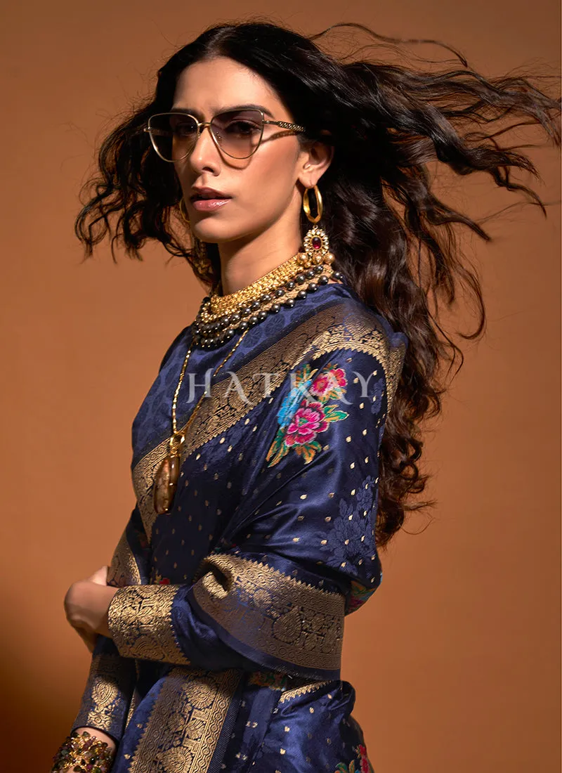 Dark Blue Floral Printed Silk Saree