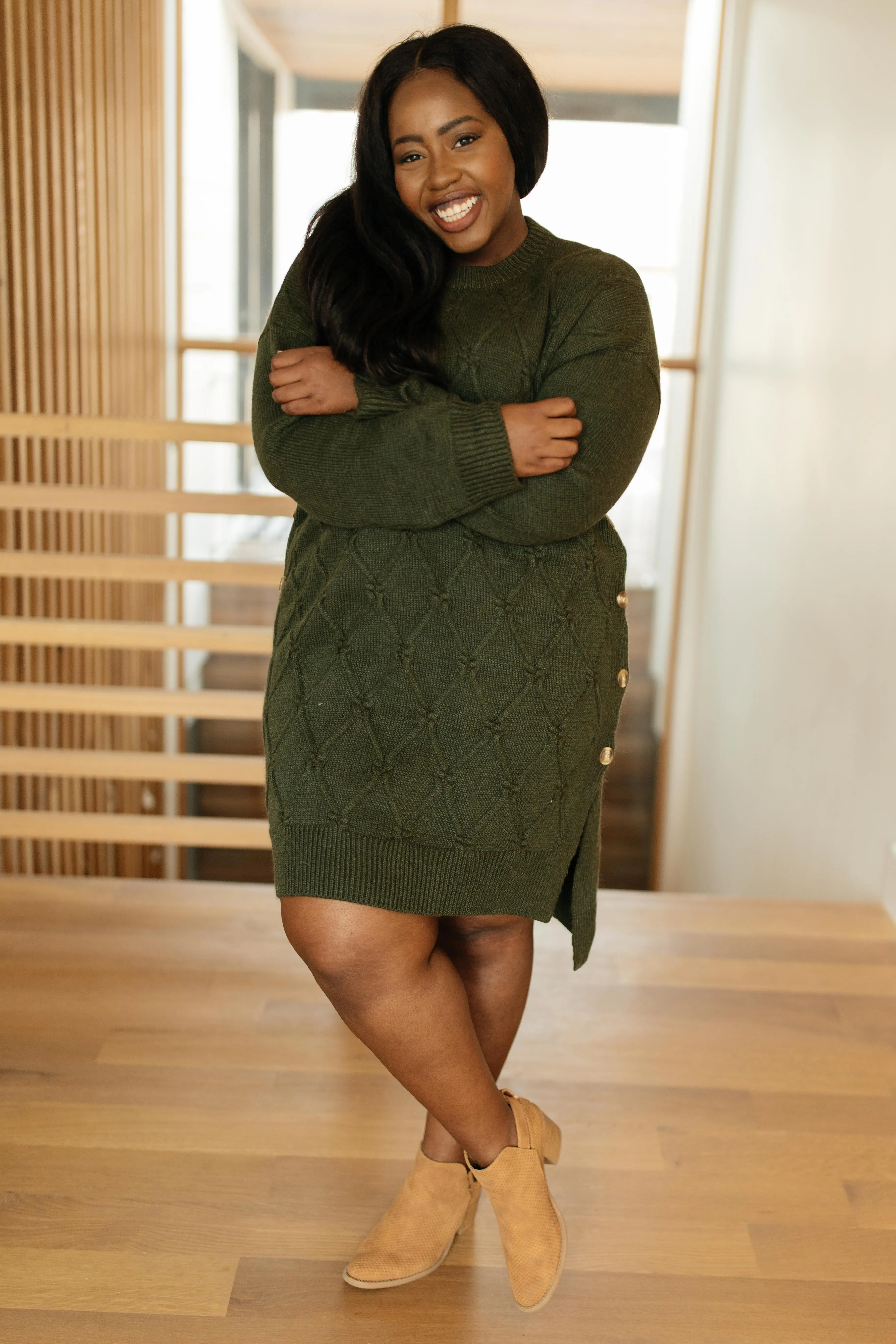 Diamond Details Sweater Dress in Olive