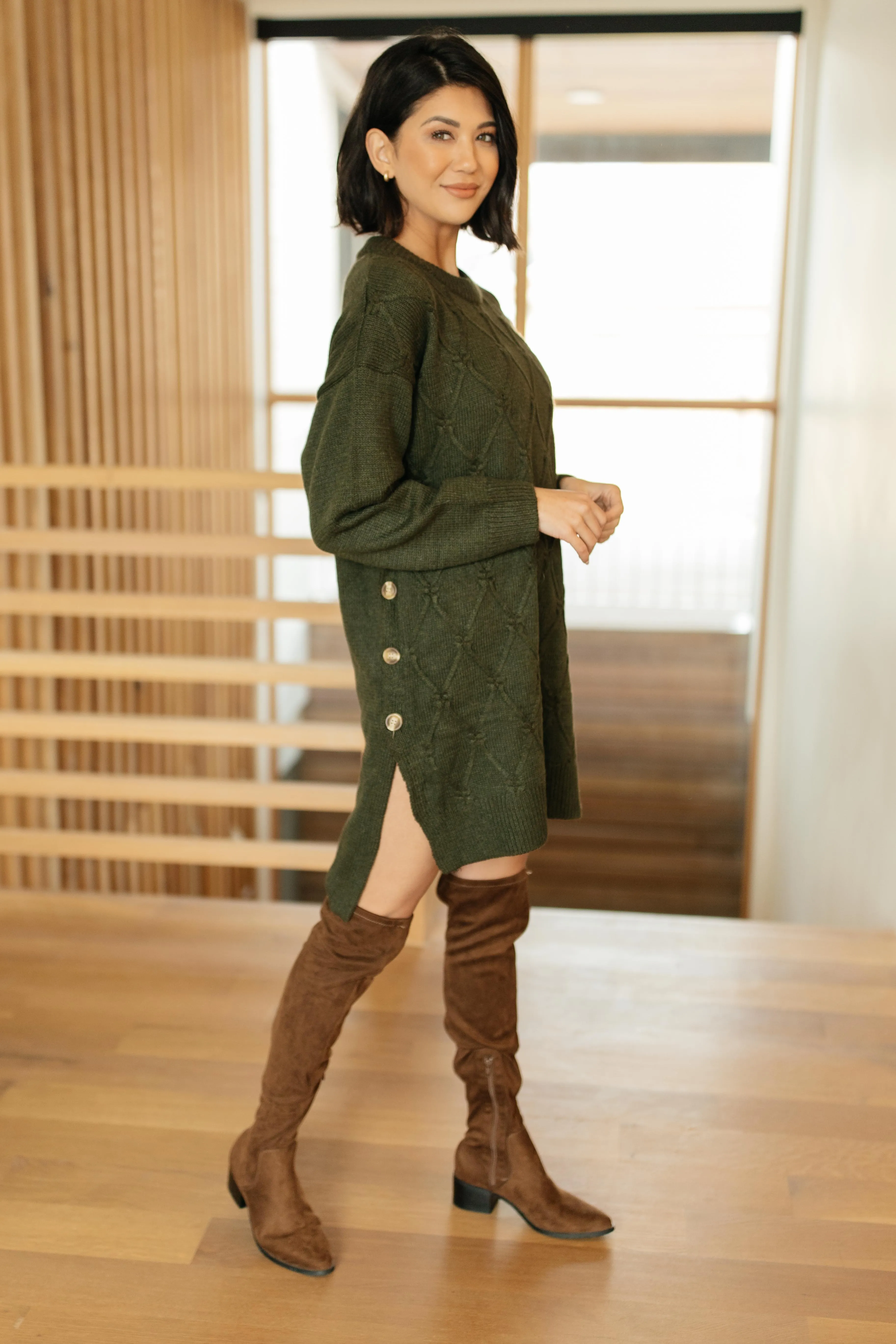 Diamond Details Sweater Dress in Olive