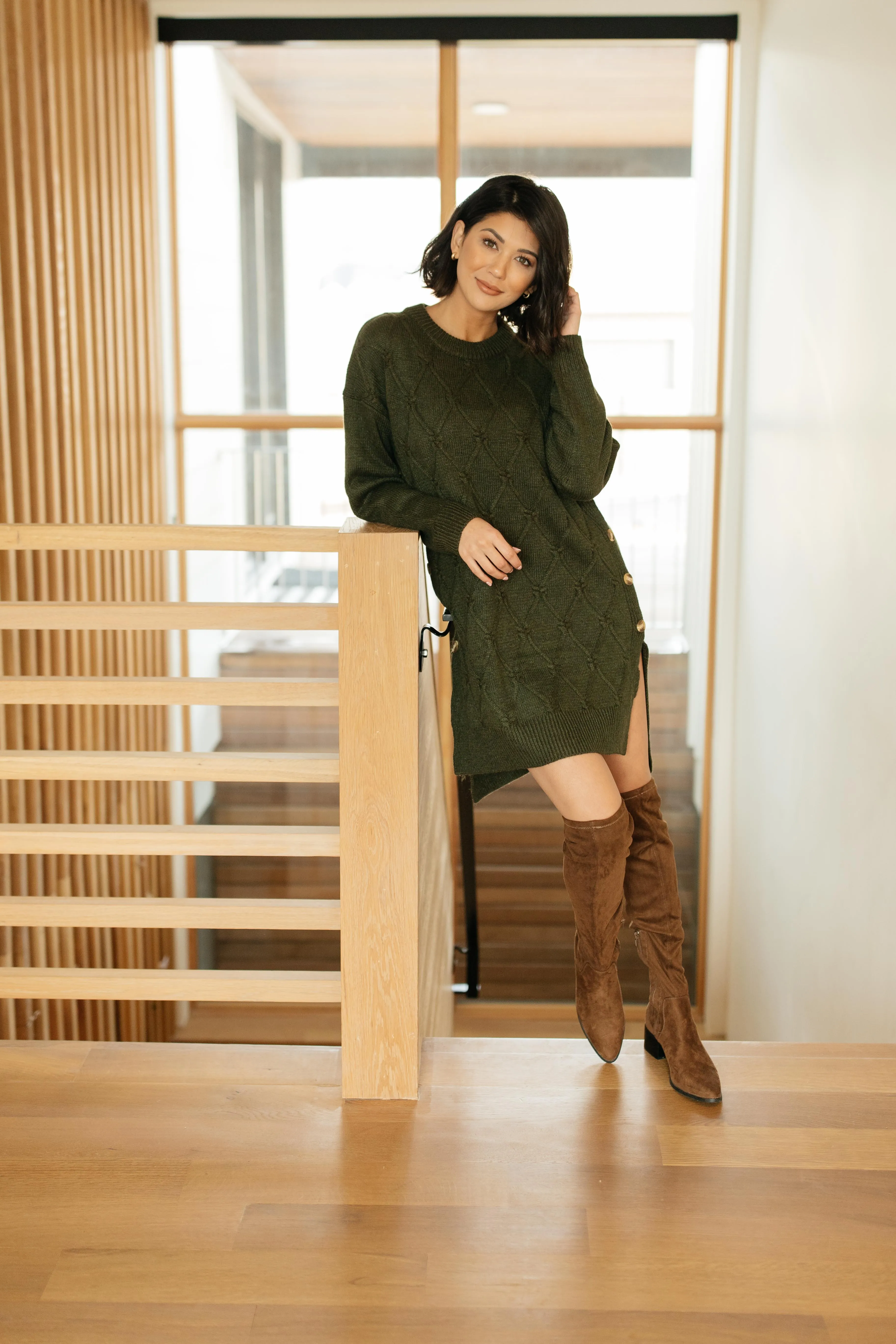 Diamond Details Sweater Dress in Olive
