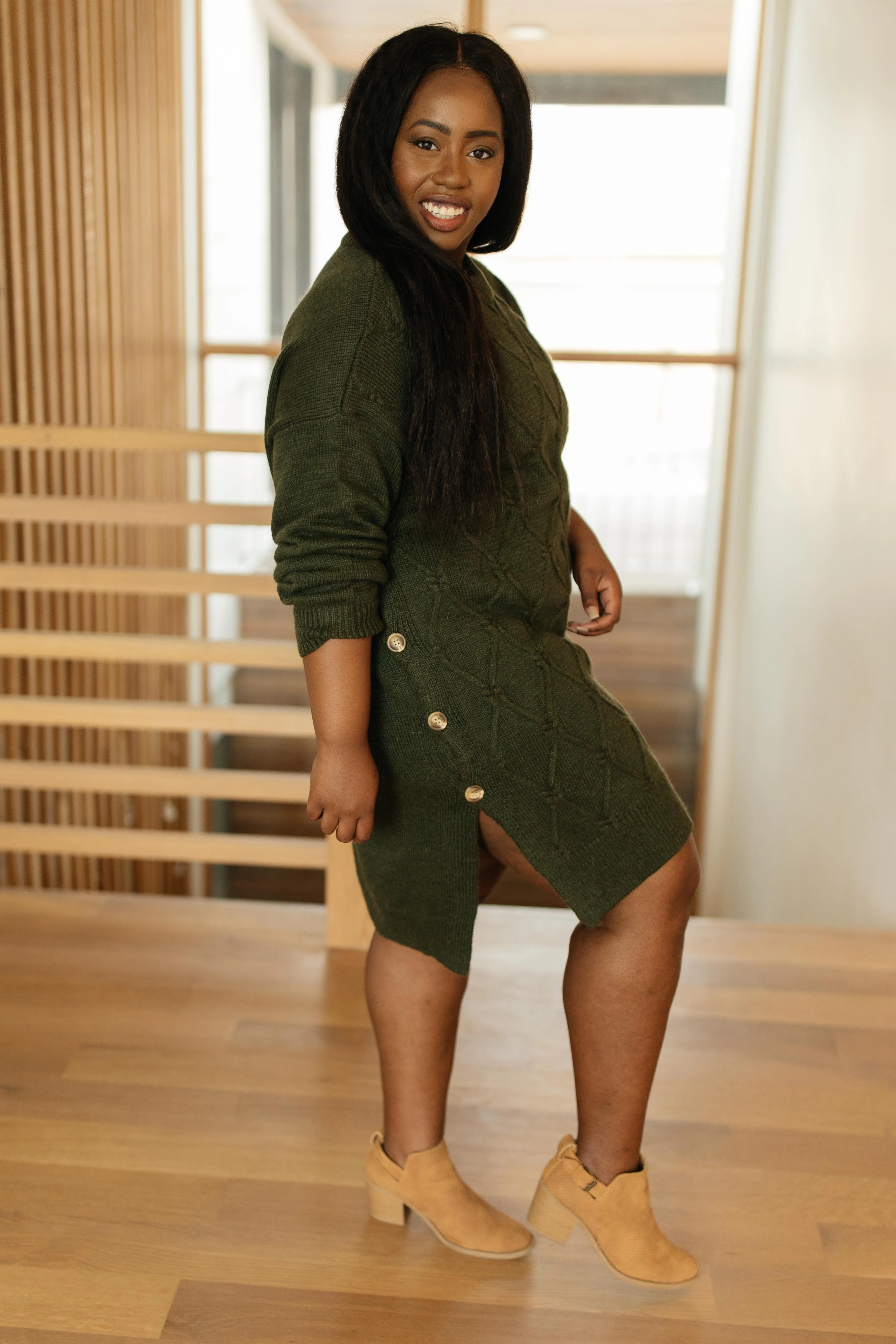 Diamond Details Sweater Dress in Olive