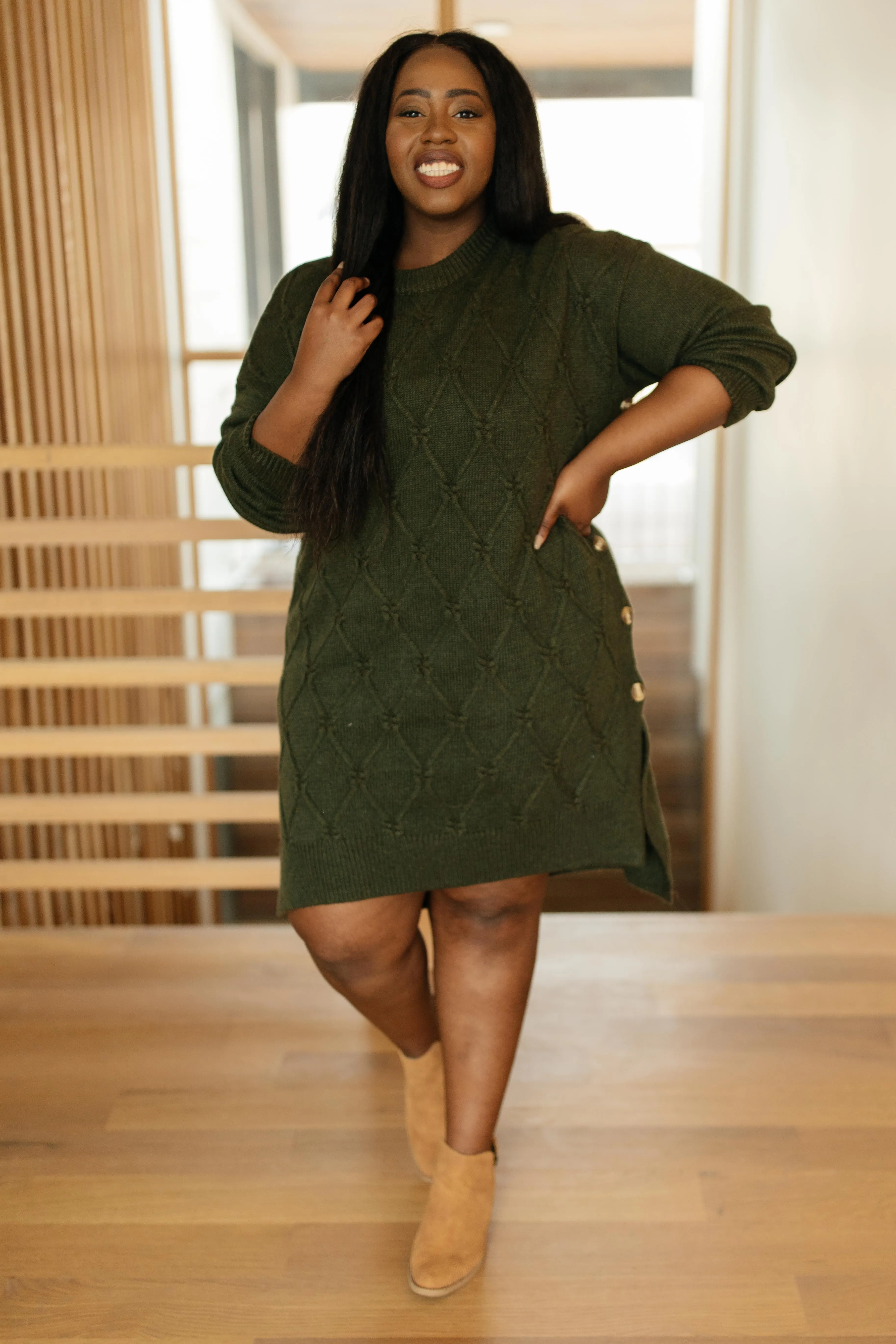 Diamond Details Sweater Dress in Olive
