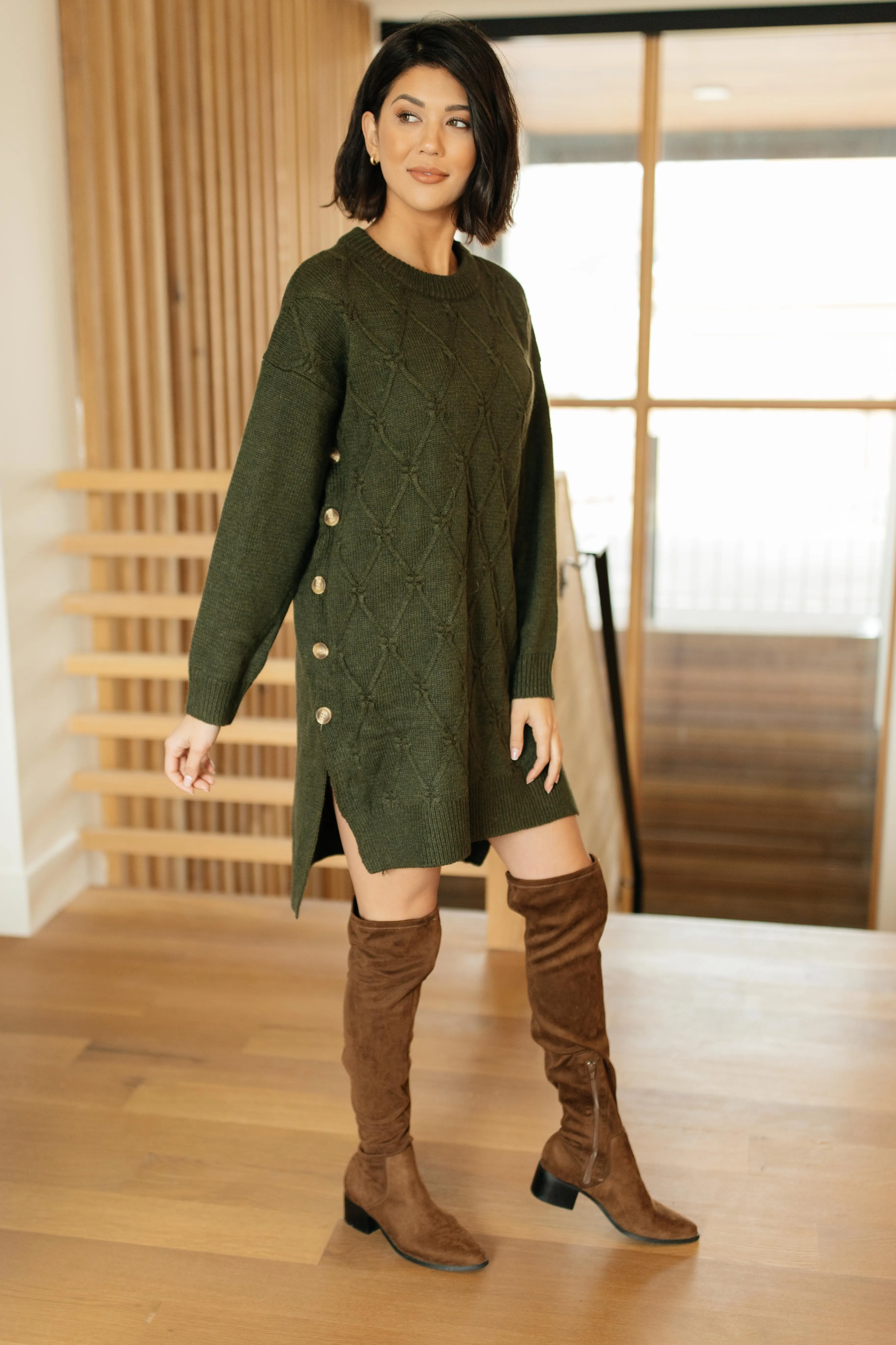 Diamond Details Sweater Dress in Olive