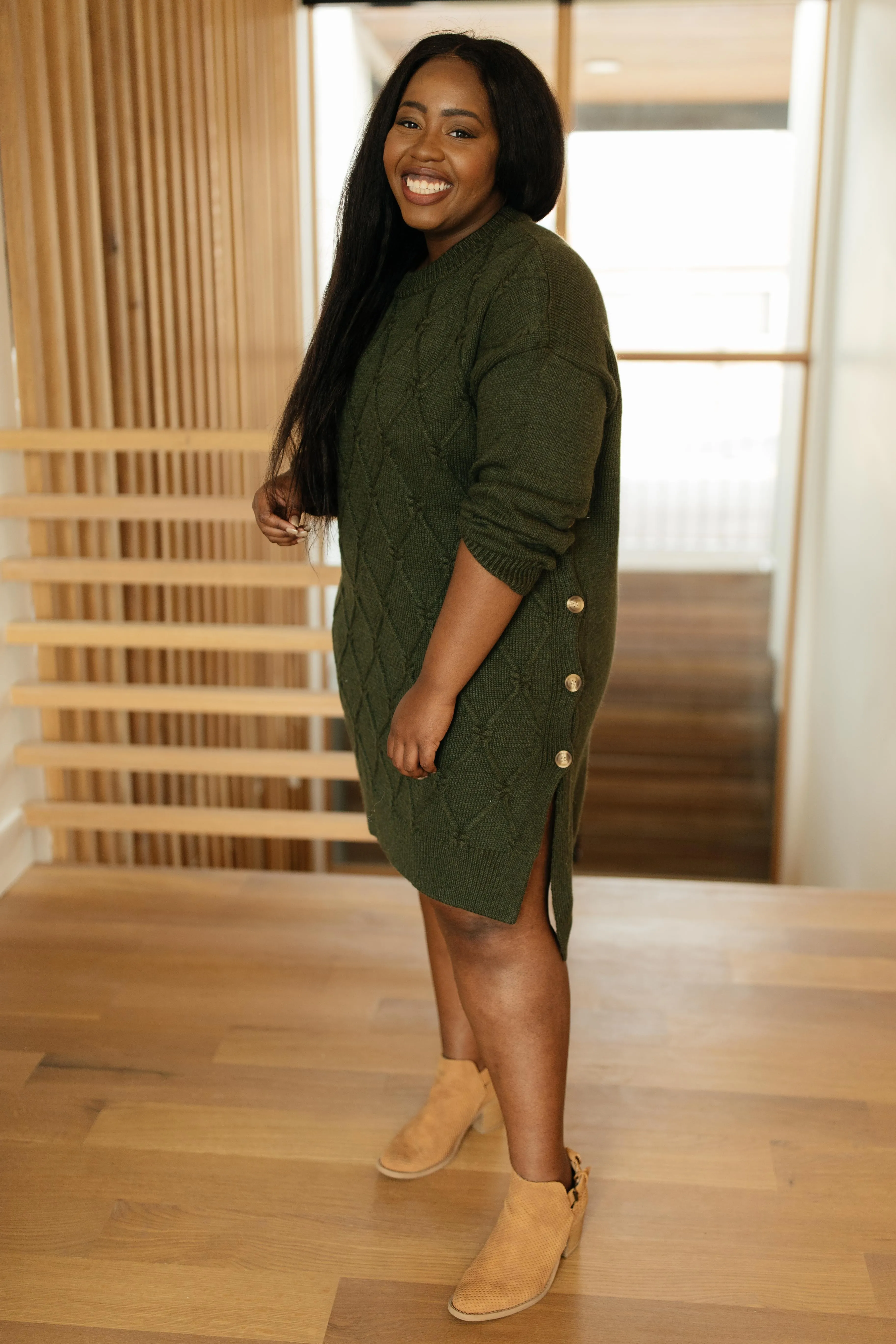 Diamond Details Sweater Dress in Olive
