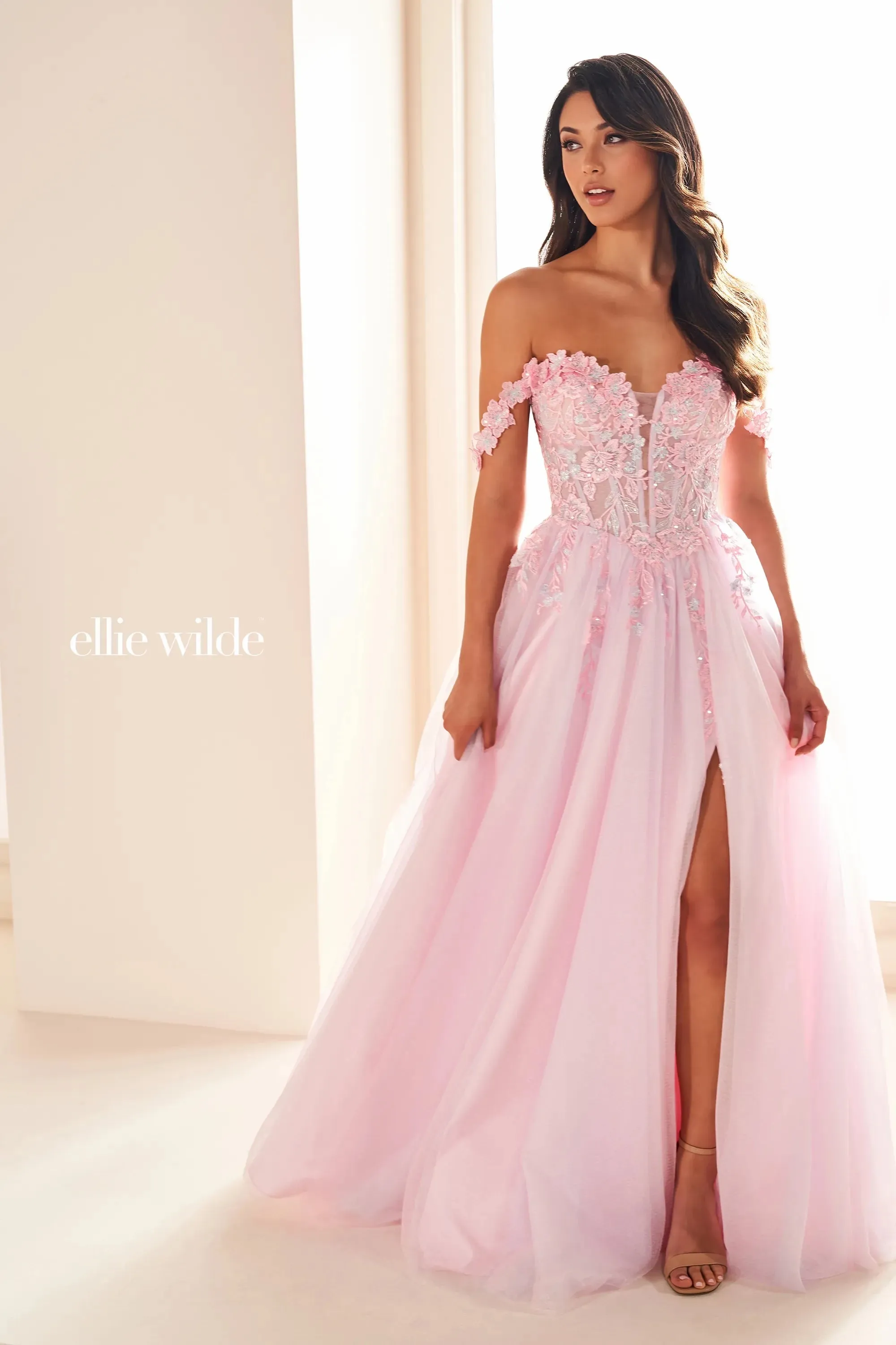 Ellie Wilde EW36214 Size 0,10 Blue Long Maxi Slit Prom Dress Sheer Laced Corset off the shoulder Formal Gown