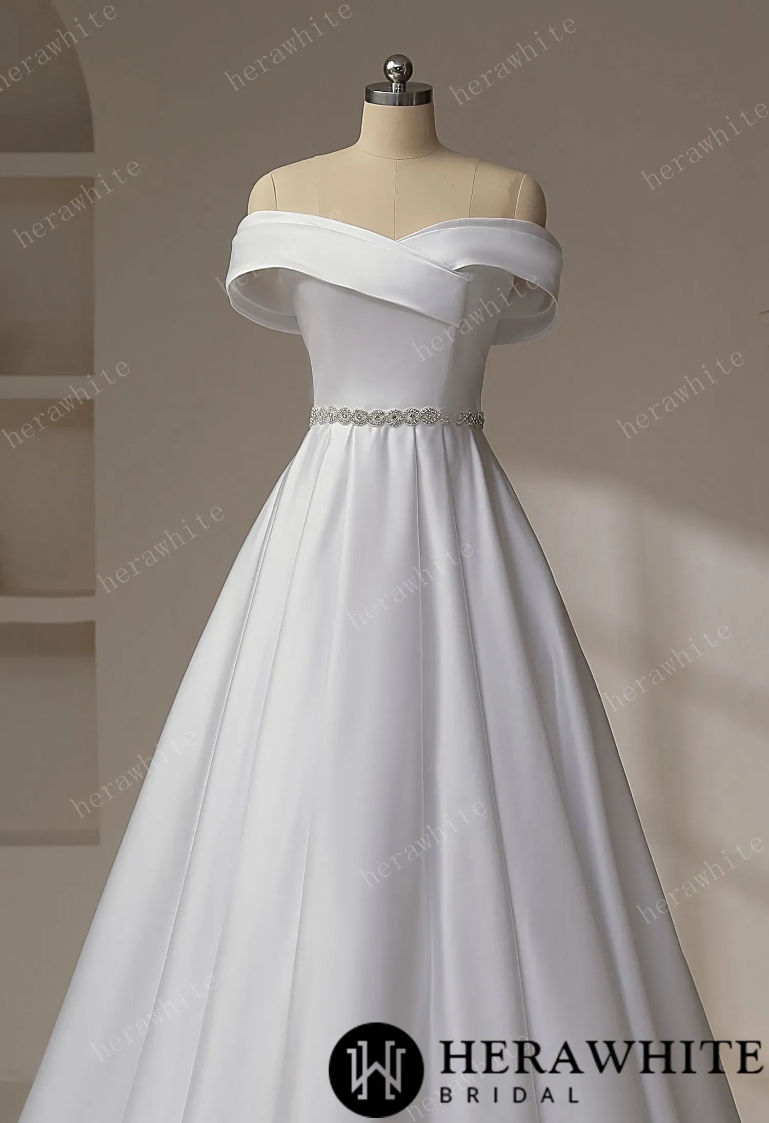 Exquisite Off-Shoulder Satin Wedding Dress with Crystal Waistband