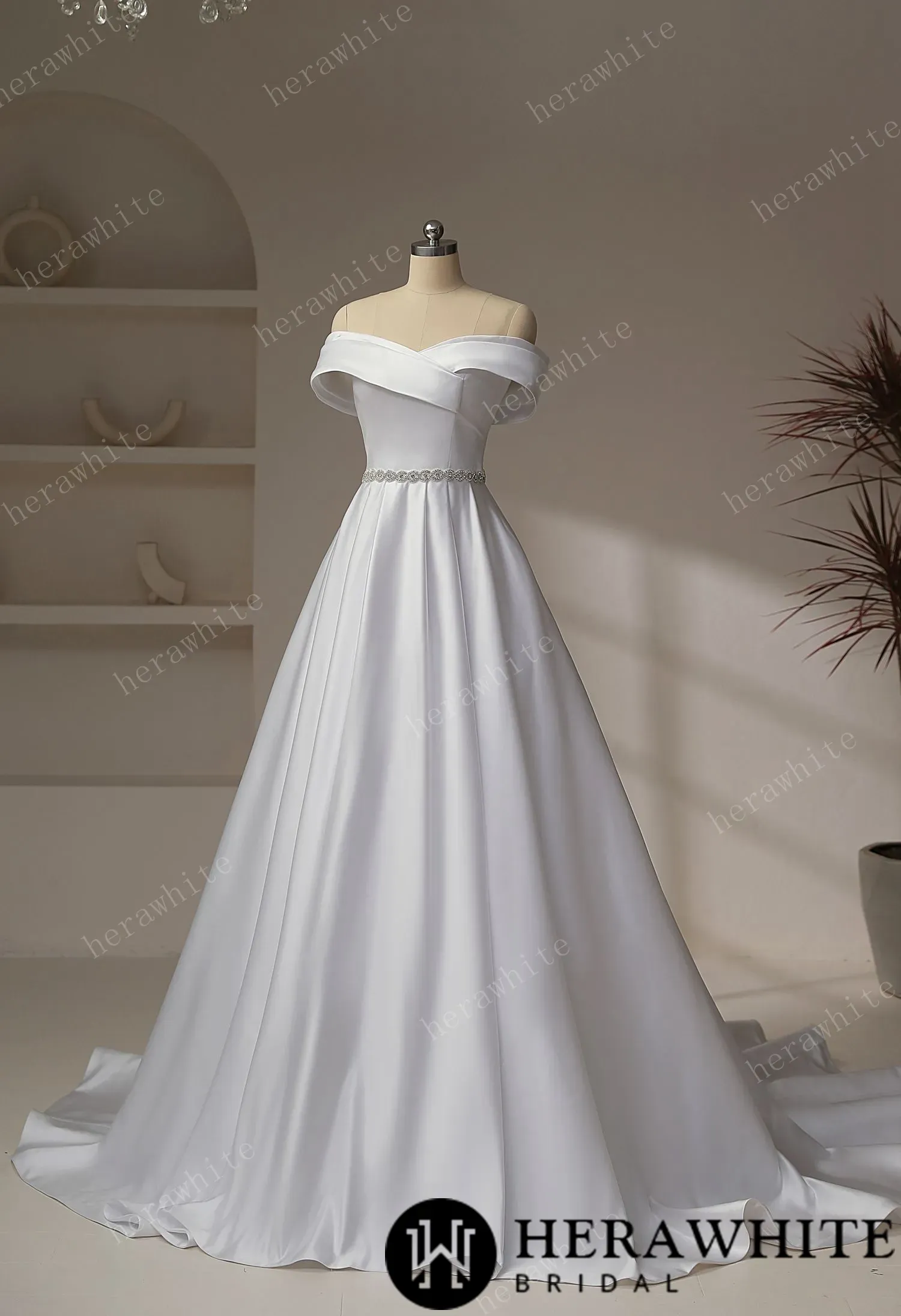 Exquisite Off-Shoulder Satin Wedding Dress with Crystal Waistband