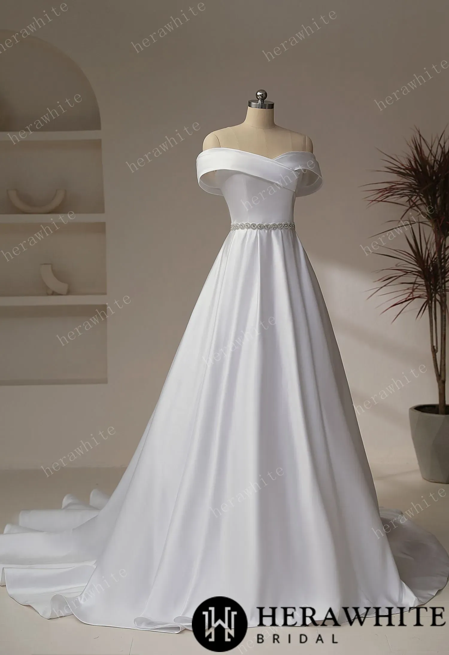 Exquisite Off-Shoulder Satin Wedding Dress with Crystal Waistband