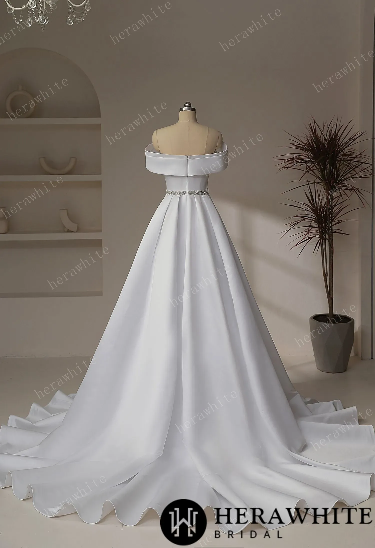 Exquisite Off-Shoulder Satin Wedding Dress with Crystal Waistband