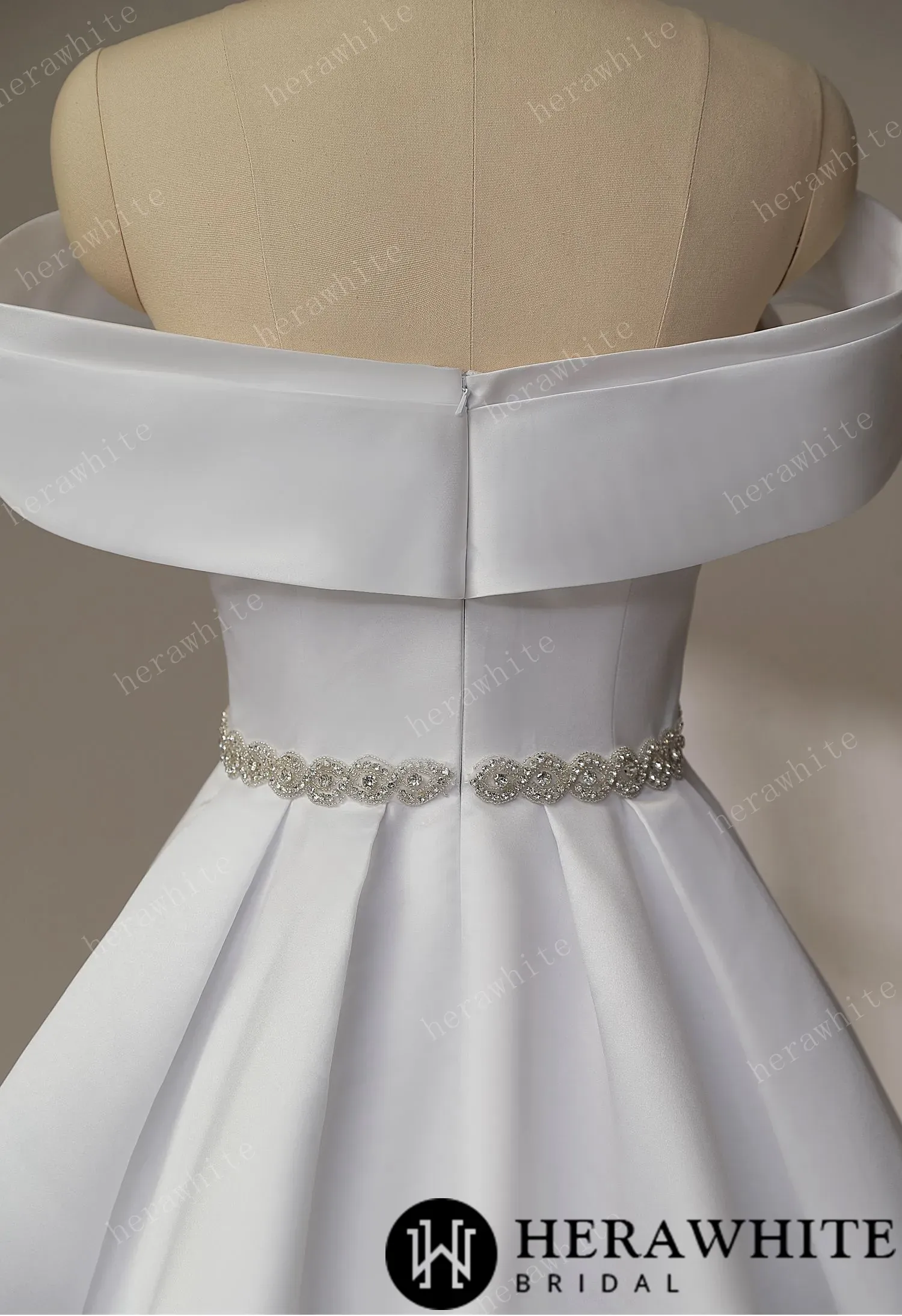 Exquisite Off-Shoulder Satin Wedding Dress with Crystal Waistband