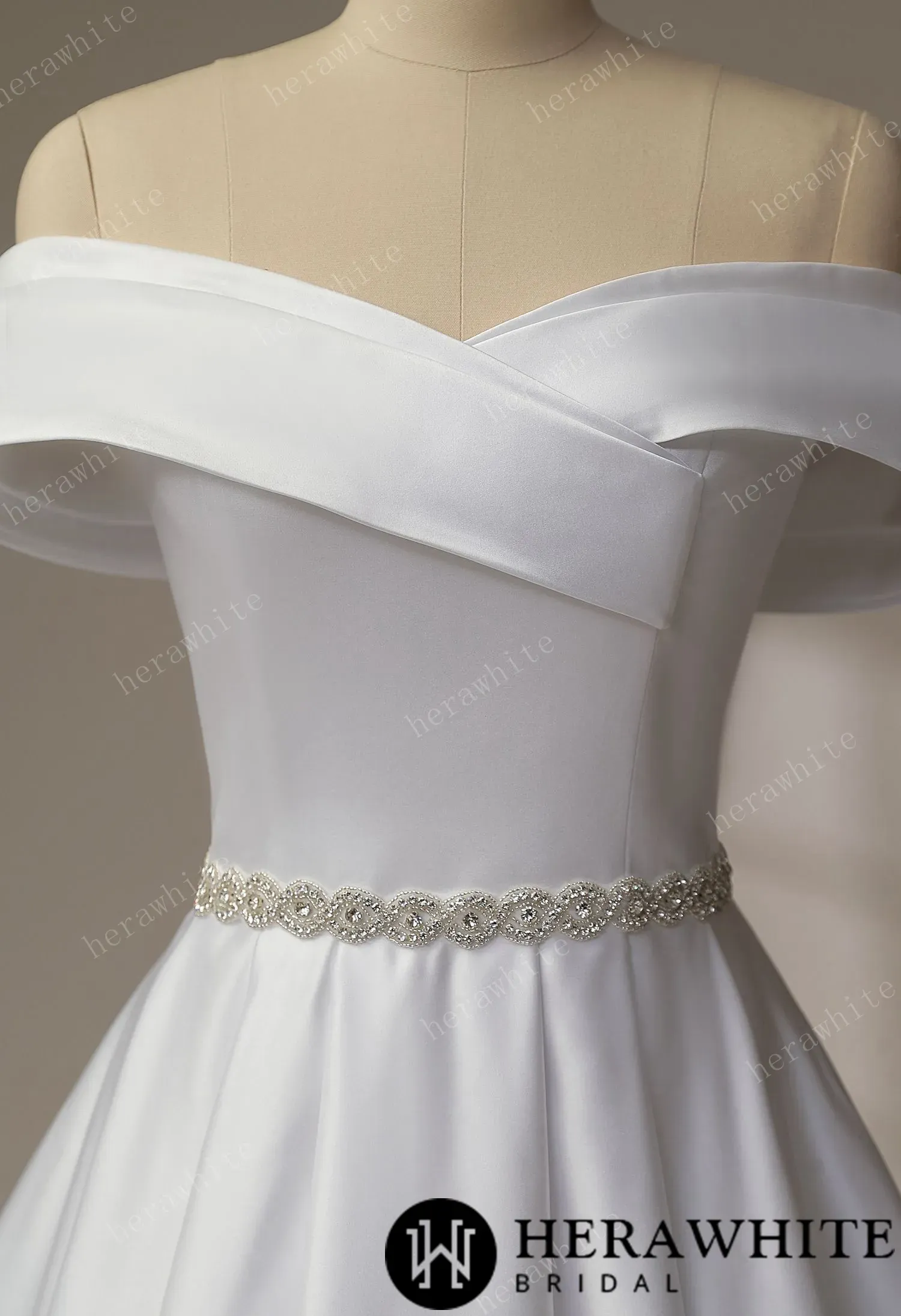 Exquisite Off-Shoulder Satin Wedding Dress with Crystal Waistband