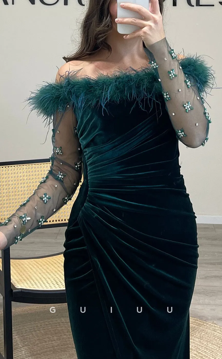 G3504 - Chic & Modern Sheath Off Shoulder Velvet Side Slit Sheer Long Sleeves Floor-Length Party Gown Prom Dress