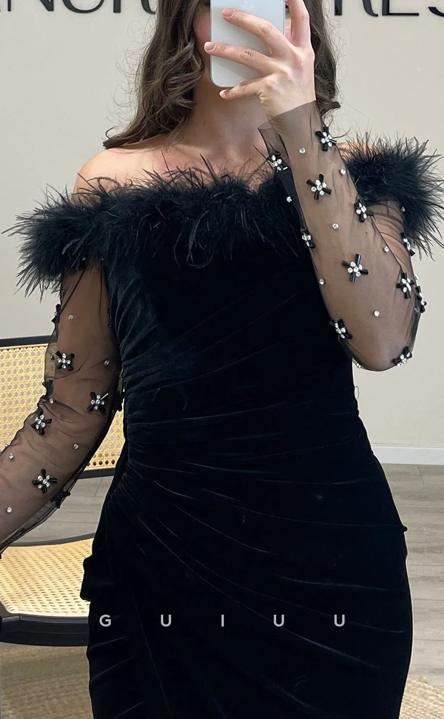 G3504 - Chic & Modern Sheath Off Shoulder Velvet Side Slit Sheer Long Sleeves Floor-Length Party Gown Prom Dress
