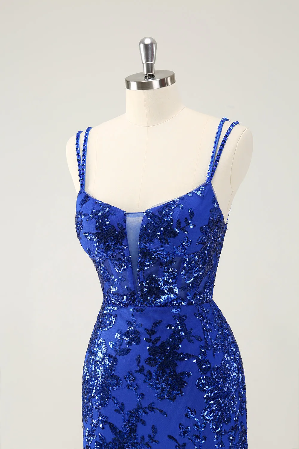 Glittler Royal Blue Spaghetti Straps Lace Up Short Homecoming Dress with Slit