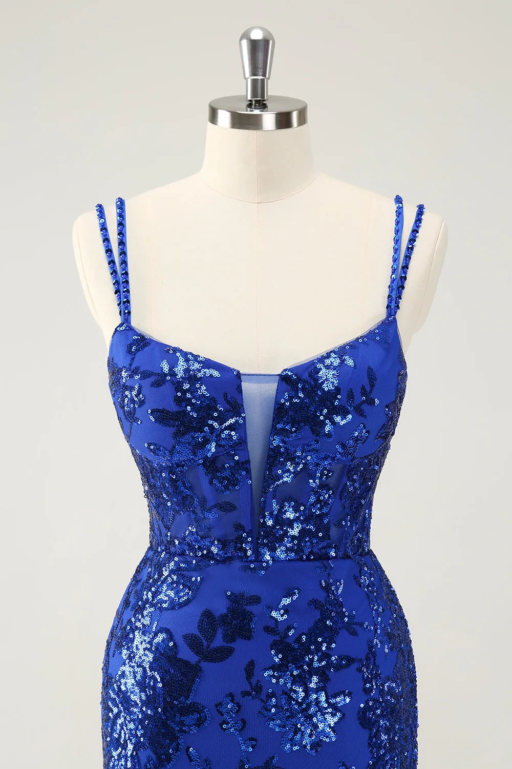 Glittler Royal Blue Spaghetti Straps Lace Up Short Homecoming Dress with Slit