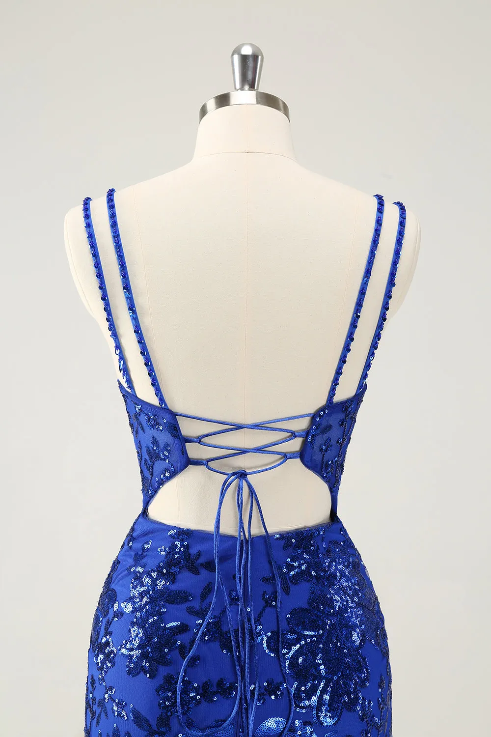 Glittler Royal Blue Spaghetti Straps Lace Up Short Homecoming Dress with Slit