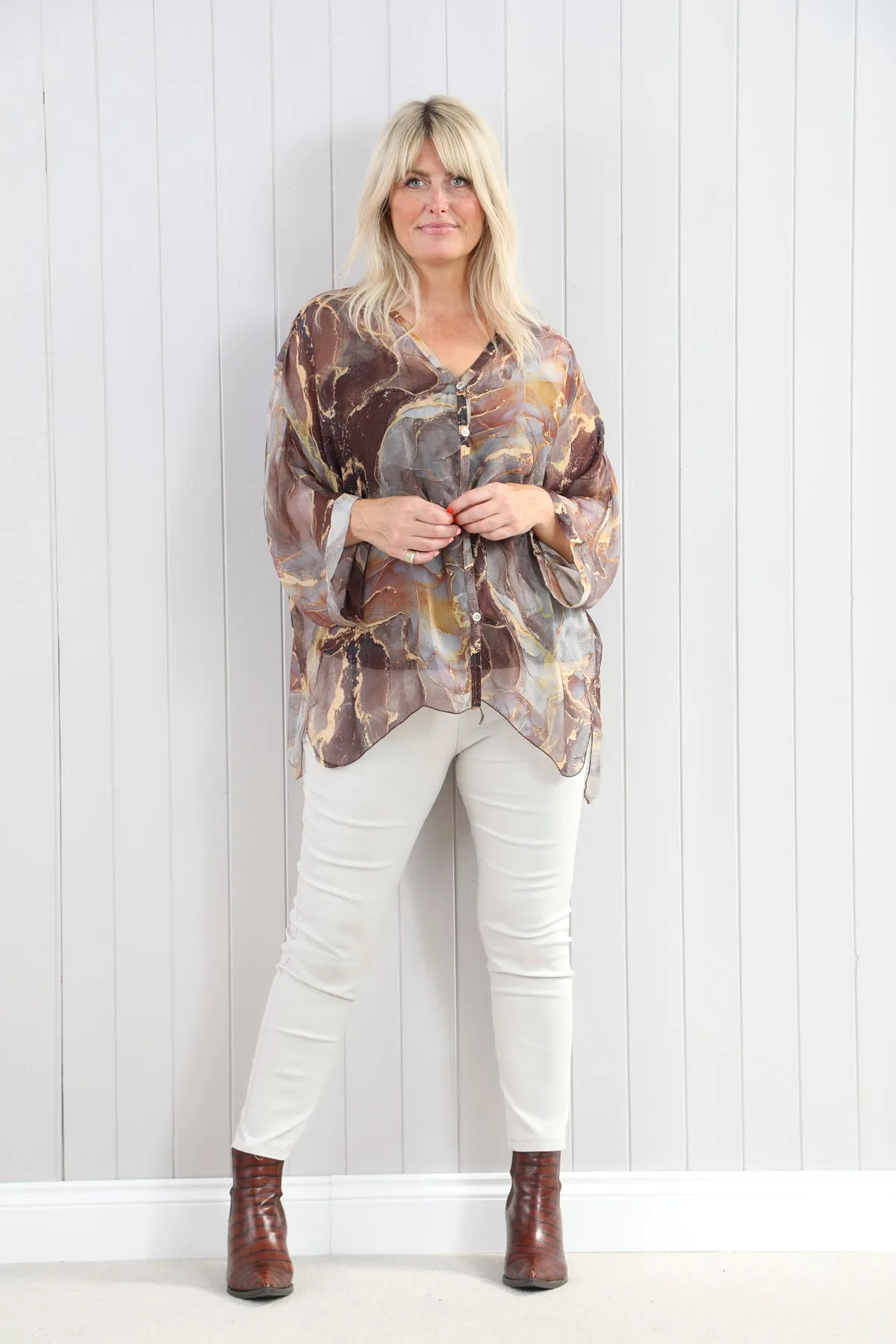 Goose Island 4607 Silk Marble Print Two Piece Blouse (3 Colours)