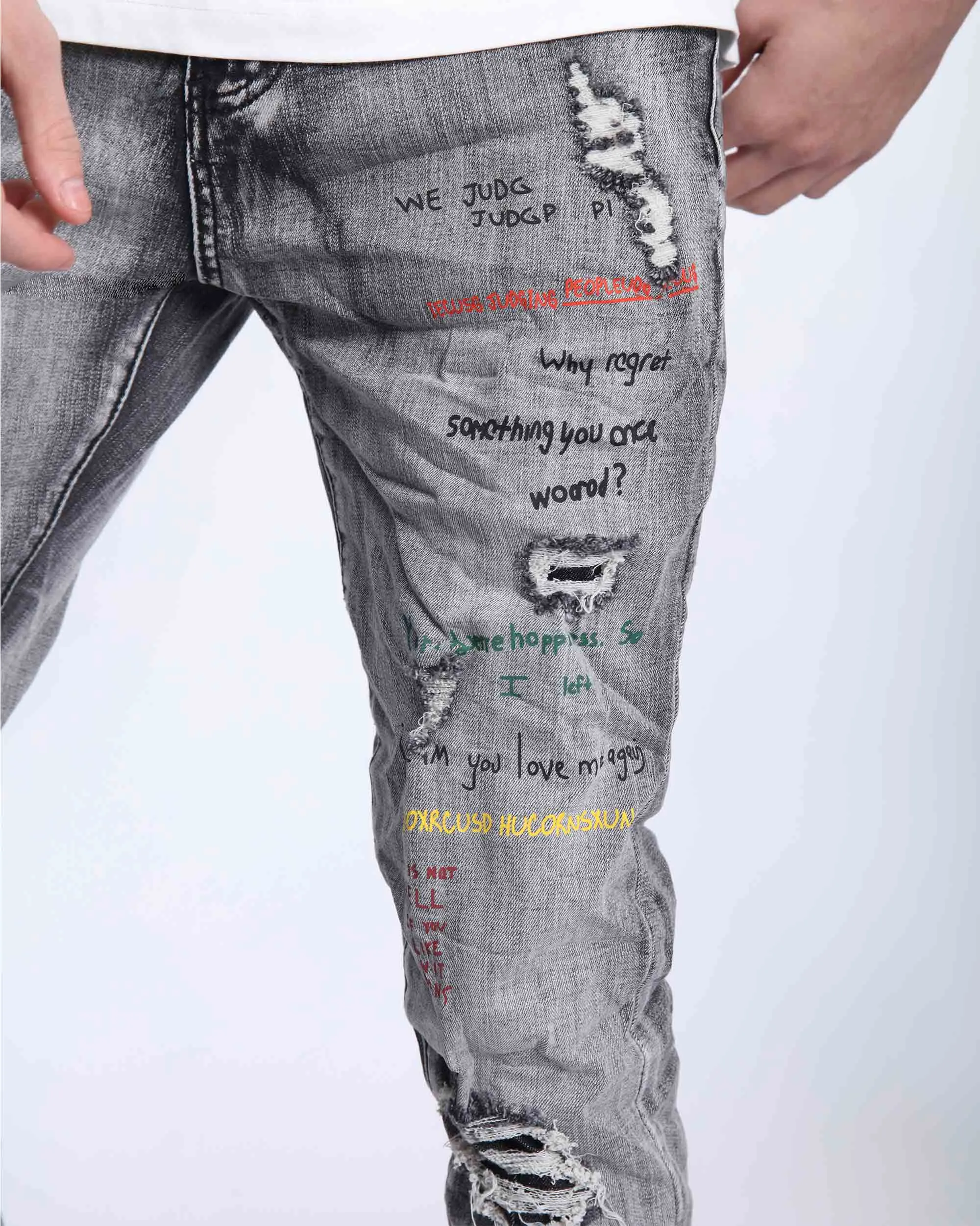 Gray Slim Fit Jeans with Graffiti Style Ripped Design-Mexico Local Delivery