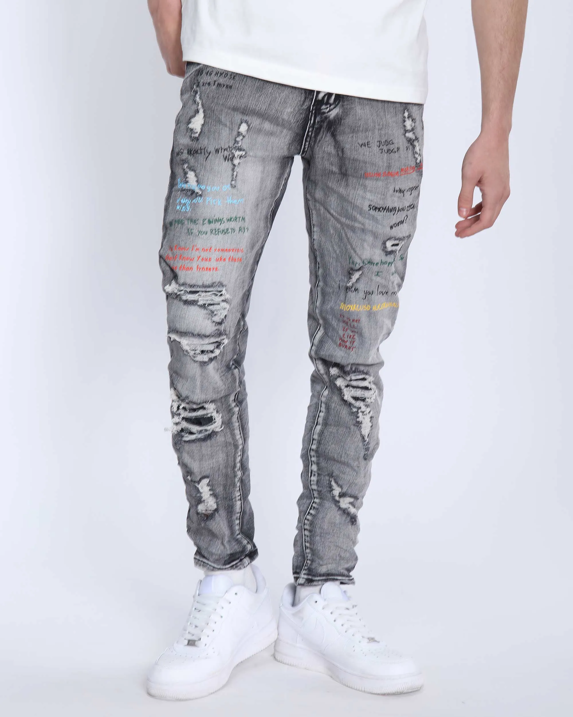 Gray Slim Fit Jeans with Graffiti Style Ripped Design-Mexico Local Delivery